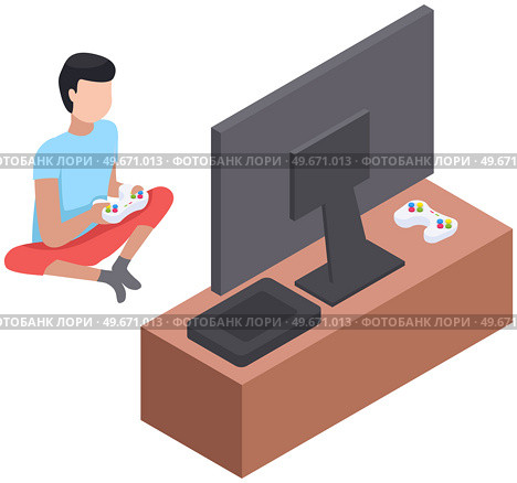 Gamer playing video game with tv screen holding gamepad controller sitting on carpet at home. Man and videogames illustration. Entertainment for adults and children with modern digital device. Gamer playing video game with tv screen holding gamepad controller sitting on carpet at home. Стоковая иллюстрация, агентство Ingram Publishing / Фотобанк Лори