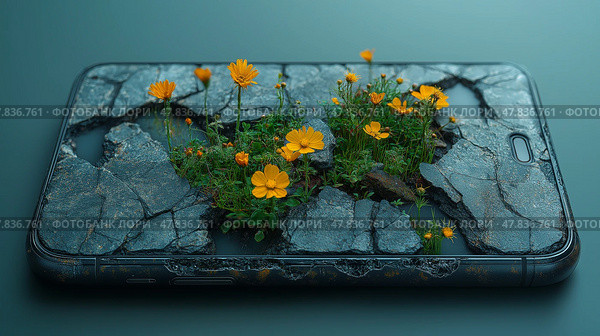 Garden breaking through a cracked smartphone screen in a creative display. Сад, пробивающийся сквозь треснувший экран смартфона в креативной экспозиции. Стоковое AI-изображение, AI-художник Katsiaryna Repich / Фотобанк Лори