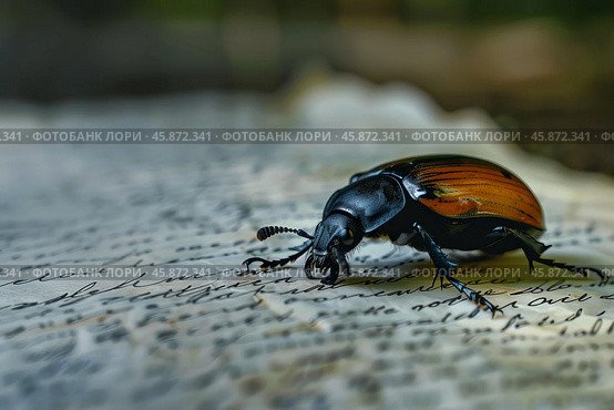 Garden chafer beetle crawling on old handwritten letter. Стоковое AI-изображение, AI-художник Иван Рябоконь / Фотобанк Лори
