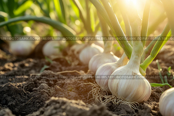 Garlic plants row growing in the dirt on agricultural field background. Garlic plantation. Vegetable garden. Fresh garlic bulbs, green leaves grow in soil. Sunset light. Organic vegetables farming. Стоковое AI-изображение, AI-художник Марина Демидюк / Фотобанк Лори