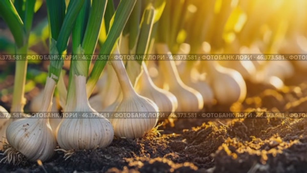 Garlic plants row growing in the dirt on agricultural field background. Garlic plantation. Vegetable garden. Fresh garlic bulbs, green leaves grow in soil. Sunset light. Organic vegetables farming. Стоковое AI-видео, аниматор Марина Демидюк / Фотобанк Лори