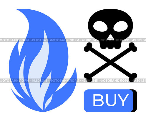 Gas flame next to skull and crossbones with a blue buy button. Ideal for danger signs, cautionary messages, consumer safety, online shopping risks, hazardous materials, warnings, and public awareness. Gas Flame, Skull and Crossbones, and Buy Button - Conceptualizing Hazardous Purchases. Стоковая иллюстрация, агентство Ingram Publishing / Фотобанк Лори