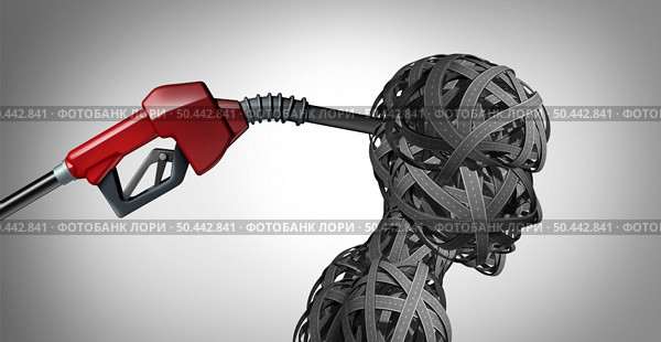 Gas Pump hostage and pain at the fueling station or economic challenge of rising fuel prices and oil increase or painful increasing crude petroleum and fossil energy with 3D illustration elements. Стоковое фото, агентство Ingram Publishing / Фотобанк Лори