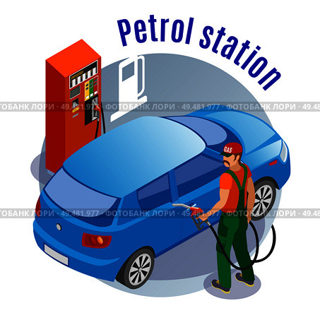 Gas stations refills isometric background with images of fuel filling column car fuelman character and text vector illustration. Car Refuelling Circle Background. Стоковая иллюстрация, агентство Ingram Publishing / Фотобанк Лори