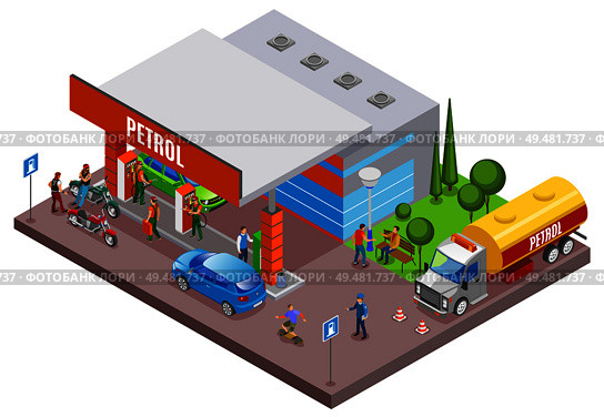 Gas stations refills isometric composition with urban scenery and petrol filling station with people and cars vector illustration. Fuel Station Isometric Composition. Стоковая иллюстрация, агентство Ingram Publishing / Фотобанк Лори