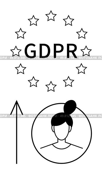 GDPR text encircled by twelve stars with a female avatar below and an upward arrow. Ideal for data security, privacy policy, online regulations, compliance, individual rights, user consent, law. GDPR Compliance and Data Privacy for Individual Protection Represented by Stars and Arrow. Стоковая иллюстрация, агентство Ingram Publishing / Фотобанк Лори