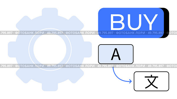 Gear icon adjacent to a blue BUY button, with an arrow leading from an A label to a Chinese character. Ideal for e-commerce, translation services, technology integration, app development, user. Language Translation and E-Commerce Concept with Gear, BUY Button, and Language Icon. Стоковая иллюстрация, агентство Ingram Publishing / Фотобанк Лори