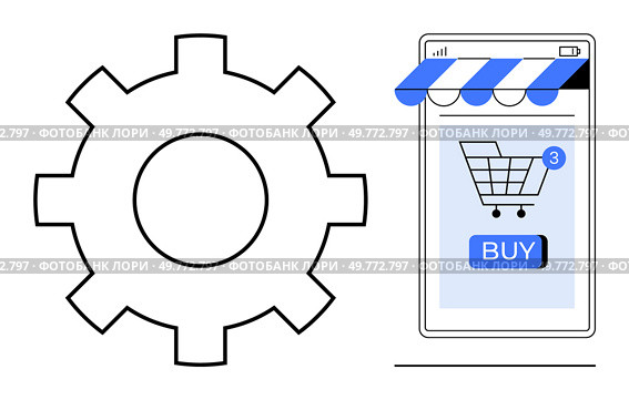 Gear icon next to smartphone with online shop interface and shopping cart, symbolizing e-commerce and settings. Ideal for online shopping, mobile apps, e-commerce, user interface, and settings. E-Commerce Mobile Shopping with Settings Gear Icon. Стоковая иллюстрация, агентство Ingram Publishing / Фотобанк Лори