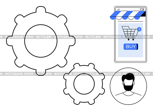 Gear mechanisms and online shopping symbols. Two gears, shopping cart with notification, male profile icon. Ideal for e-commerce, technology, user interface, online business, gear synchronization. Online Shopping and Gear Mechanism Illustration for E-commerce and Technology Concepts. Стоковая иллюстрация, агентство Ingram Publishing / Фотобанк Лори