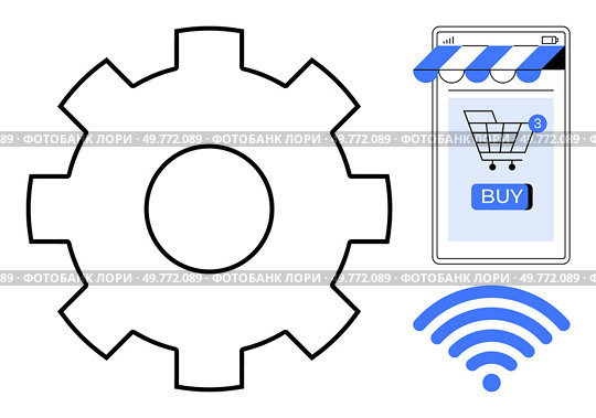 Gear, mobile shopping cart with three alerts, and wireless symbol underlined. Ideal for e-commerce, technology, mobile shopping, internet connectivity, and automation themes. Simple modern vector. Gear, Mobile Shopping Cart, and wireless Symbol Representing E-Commerce and Technology Integration. Стоковая иллюстрация, агентство Ingram Publishing / Фотобанк Лори