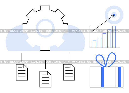 Gear over cloud icon distributing documents, bar chart with target, wrapped gift. Ideal for cloud services, data management, analytics, productivity, organization marketing goal setting. Line. Cloud Data Management and Analytics with Gift and Target Metaphors. Стоковая иллюстрация, агентство Ingram Publishing / Фотобанк Лори