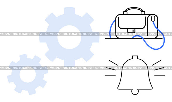 Gear wheels, briefcase with blue strap, and ringing bell. Ideal for productivity, workflow, office tools, notifications, organization, business alerts, and time management. Line metaphor. Gear wheels, briefcase with blue strap, and ringing bell symbolizing workflow, notifications, and productivity. Стоковая иллюстрация, агентство Ingram Publishing / Фотобанк Лори
