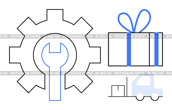 Gear with wrench inside, gift box with ribbon, and delivery truck with packages. Ideal for logistics, maintenance, delivery services, e-commerce, gift services, customer satisfaction process. Gear and wrench, gift box with ribbon, and delivery truck symbolizing efficiency and logistics. Стоковая иллюстрация, агентство Ingram Publishing / Фотобанк Лори