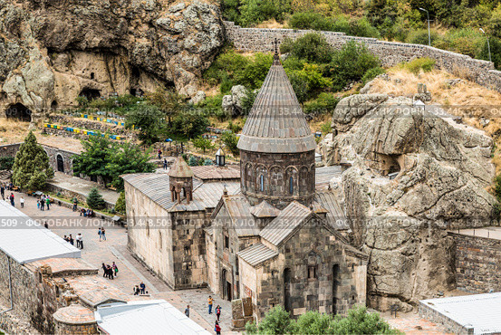 Geghard monastery complex on the Bank of the Gokht mountain river, Kotayk province, Armenia. The view from the top. (2018 год). Стоковое фото, фотограф Наталья Волкова / Фотобанк Лори