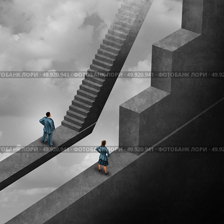 Gender discrimination and sexism inequality for being female concept as a woman with the burden of climbing a difficult obstacle and a man with easy path stairs as a 3D illustration symbol as a symbol for unfair gender bias. Стоковое фото, агентство Ingram Publishing / Фотобанк Лори