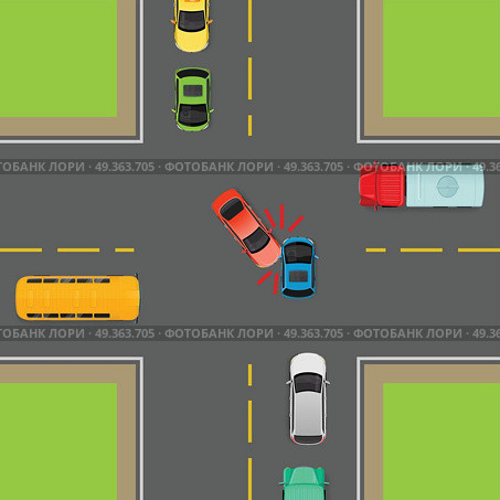 General Traffic Rules. Turn Left at Crossroads.. Accident on road due to non-fulfilment traffic rules. Death of people. How to turn left in correct order. Cars, bus, truck on crossroad. Right use of transport. Vector illustration. Dangerous on road. Стоковая иллюстрация, агентство Ingram Publishing / Фотобанк Лори