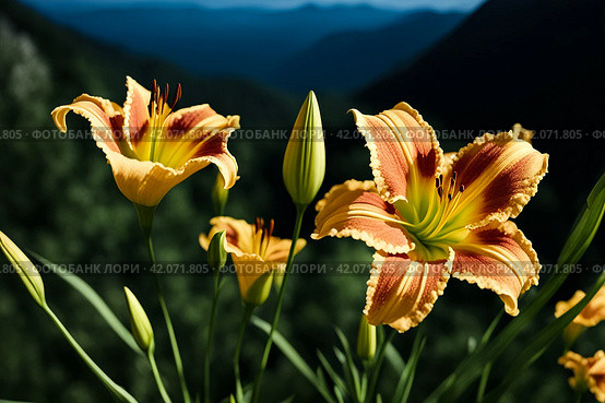 Generative Ai illustration of daylily flowers at mountains backgrounds. Nature wallpaper concept. Cartoon illustration. Copy ad text space. Стоковое AI-изображение, AI-художник Aleksandr Golubev / Фотобанк Лори