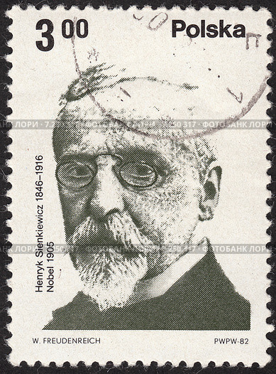 Генрик Сенкевич (Henryk Sienkiewicz) - польский писатель, лауреат Нобелевской премии.Почтовая марка Польши 1982 года. Стоковая иллюстрация, иллюстратор александр афанасьев / Фотобанк Лори