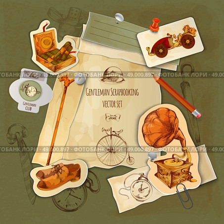 Gentlemen paper scrapbooking set with vintage sketch accessories vector illustration. Gentlemen Scrapbooking Set. Стоковая иллюстрация, агентство Ingram Publishing / Фотобанк Лори