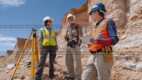 Geological survey team analyzing rock formation in desert environment. Стоковое AI-видео, аниматор Юрий Поздников / Фотобанк Лори