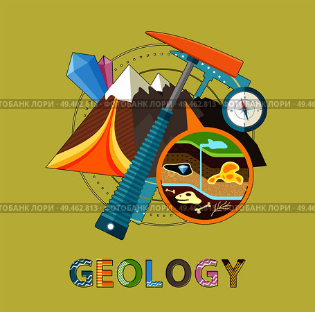 Geology excavations and geological researches. Pick and compass equipment, closeup of ground layers with fossils and minerals vector illustration emblem. Geology Emblem with Pick, Mountain and Minerals. Стоковая иллюстрация, агентство Ingram Publishing / Фотобанк Лори
