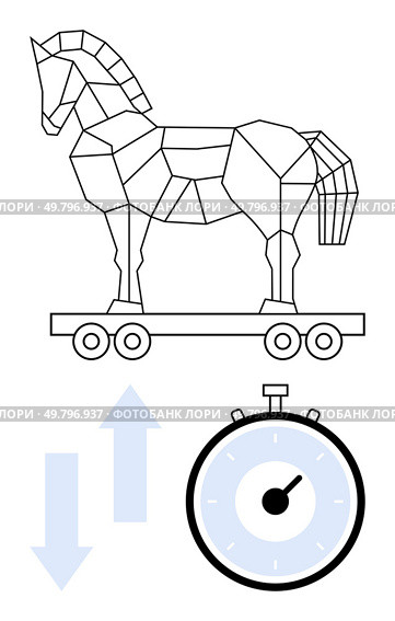 Geometric Trojan horse on wheels a stopwatch below it, and blue arrows pointing up and down. Ideal for strategies, time management, cybersecurity, deception, movement, risk, and precision themes. Geometric Trojan Horse and Stopwatch with Arrows Symbolizing Strategy, Timing and Movement. Стоковая иллюстрация, агентство Ingram Publishing / Фотобанк Лори