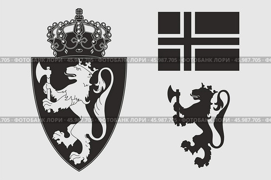 Герб и флаг Норвегии. Гравировка. The coat of arms of Norway. Flag. Engraving print. Редакционная иллюстрация, иллюстратор Гербы Флаги / Фотобанк Лори
