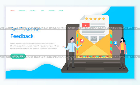 Get customer feedback landing page template with confuse businessmen getting a variety of feedback from manager or customer. a group of colleagues stands near a computer with an email or letter. Get customer feedback landing page template with confuse businessmen getting a variety of feedback. Стоковая иллюстрация, агентство Ingram Publishing / Фотобанк Лори