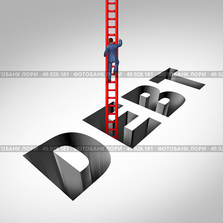 Getting out of debt and escaping financial problems as a person climbing with a ladder from bankruptcy and budget stress with 3D illustration elements. . Стоковое фото, агентство Ingram Publishing / Фотобанк Лори