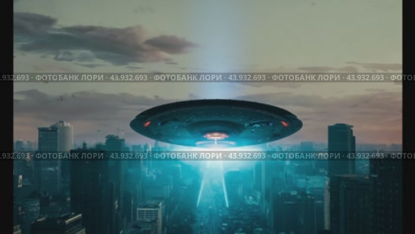 Giant ufo casts light beam over city at sunset. Стоковое видео, видеограф Данил Руденко / Фотобанк Лори