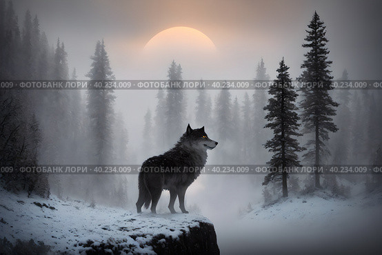 Giant wolf, warg Fenrir, looking at you trough snow covered trees in the northern forest at twilight. AI generated. Стоковое AI-изображение, AI-художник Сергей Старуш / Фотобанк Лори
