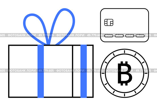 Gift box with blue ribbon, credit card, and Bitcoin symbol. Ideal for e-commerce, digital payments, online shopping, cryptocurrency, gifting, financial transactions, holiday shopping. Line metaphor. Gift Box with Ribbon, Credit Card, and Bitcoin Icon Representing Modern Gifting and Payment Methods. Стоковая иллюстрация, агентство Ingram Publishing / Фотобанк Лори