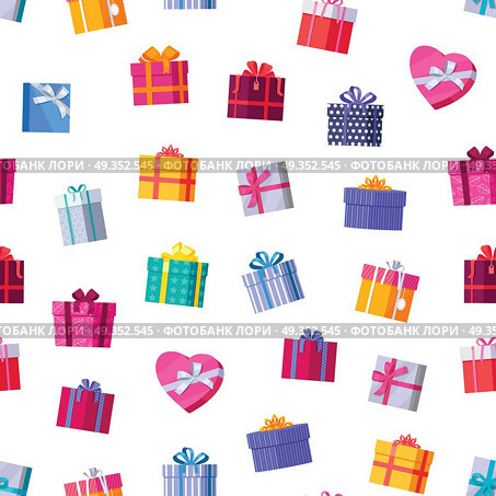 Gift boxes seamless pattern vector in flat design. Presents in various bright, striped, spotted boxes tied color ribbons on white background. Illustration for decoration, event management companies ad. Gift Boxes Seamless Pattern Vector in Flat Design. Gift Boxes Seamless Pattern Vector in Flat Design. Стоковая иллюстрация, агентство Ingram Publishing / Фотобанк Лори