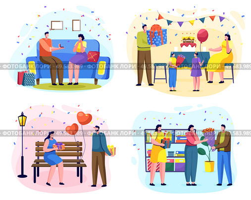 Gift giving tradition on special occasions. People celebrating birthday and anniversary by making gifts. Family celebration of daughters day. Romantic couple exchanging gifts in park. Vector woman day. People Giving Gifts on Birthday and Anniversary. Стоковая иллюстрация, агентство Ingram Publishing / Фотобанк Лори