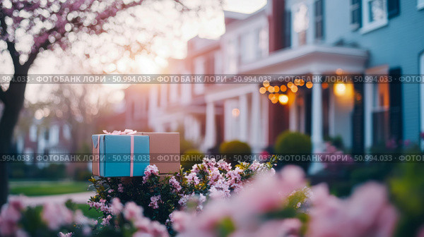 Gift Presents on Blooming Azalea Bush at Sunset near Houses. Стоковое AI-изображение, AI-художник Данила Большаков / Фотобанк Лори