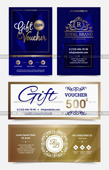 Gift Voucher Design Set. Set of gift voucher design in golden blue colors with monograms and ornate decorations isolated vector illustration . Стоковая иллюстрация, агентство Ingram Publishing / Фотобанк Лори