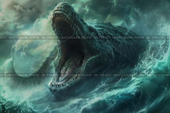 Gigantic sea monster emerging from the ocean during a storm. Стоковое AI-изображение, AI-художник Иван Рябоконь / Фотобанк Лори