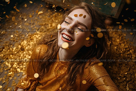 Gilded Fortune: A Woman Entranced by a Shimmering Sea of Golden Coins. Стоковое AI-изображение, AI-художник Данила Большаков / Фотобанк Лори