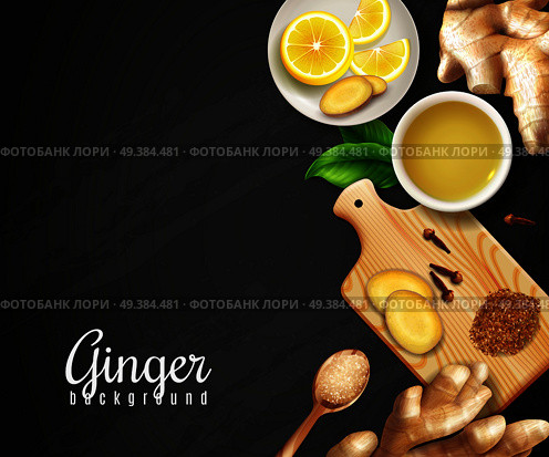 Ginger roots, cutting board with spices, cup of tea, saucer with lemon on black background vector illustration. Ginger Black Background. Стоковая иллюстрация, агентство Ingram Publishing / Фотобанк Лори
