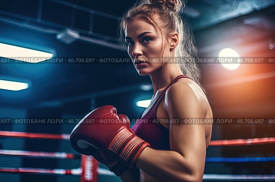 Girl boxer trains in the boxing gym. Generative AI. Стоковое AI-изображение, AI-художник Юрий Поздников / Фотобанк Лори