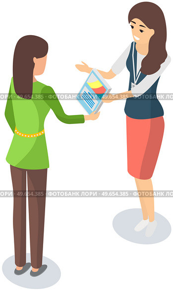 Girl distributes leaflets, flyers on white background. Leafleting, advertising campaign. Promoter, distributor advertises. Female promoter is giving leaflet flier with advertisement to woman. Female promoter is giving leaflet flier with advertisement to woman. Leafleting, advertising concept. Стоковая иллюстрация, агентство Ingram Publishing / Фотобанк Лори