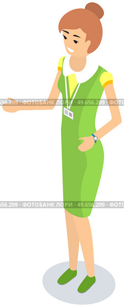Girl distributor with badge on white background. Advertising campaign, marketing strategy, promotion concept. Lady working in advertising company. Female promoter, marketer vector illustration. Girl distributor with badge, promoter. Advertising campaign, marketing strategy, promotion concept. Стоковая иллюстрация, агентство Ingram Publishing / Фотобанк Лори