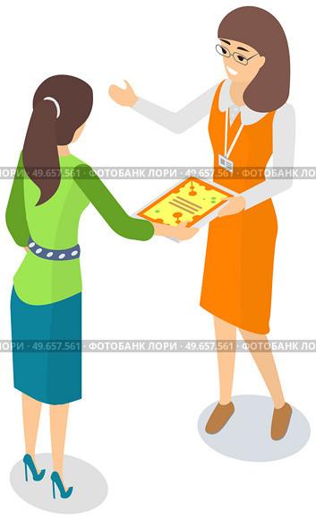 Girl distributor with badge sharing product samples. Advertising campaign, marketing strategy, promotion concept. Lady working in advertising company. Female promoter, marketer gives book to woman. Girl distributor with badge sharing product samples. Lady working in advertising company, promoting. Стоковая иллюстрация, агентство Ingram Publishing / Фотобанк Лори