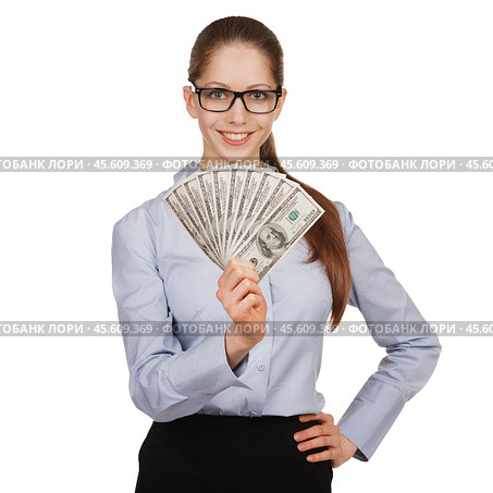 Girl in glasses with a fan of dollars. Стоковое фото, фотограф Дмитрий Киселёв / Фотобанк Лори