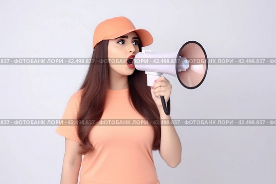Girl megaphone speak. Generate Ai. Стоковое AI-изображение, AI-художник Иван Рябоконь / Фотобанк Лори