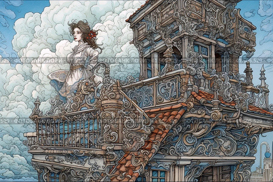 Girl on a fabulous spiral staircase in an old mansion, watercolor style, Generative AI. Стоковое AI-изображение, AI-художник Анна Кривицкая / Фотобанк Лори