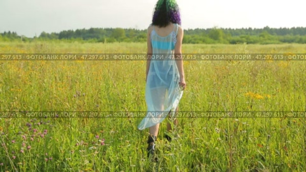 girl walking through a meadow and loops through wildflowers. Стоковое видео, видеограф Алексей Сергеев / Фотобанк Лори