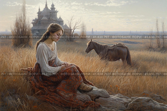 Girl with a horse in the steppe against the background of a house  Generative AI. Стоковое AI-изображение, AI-художник Анна Кривицкая / Фотобанк Лори