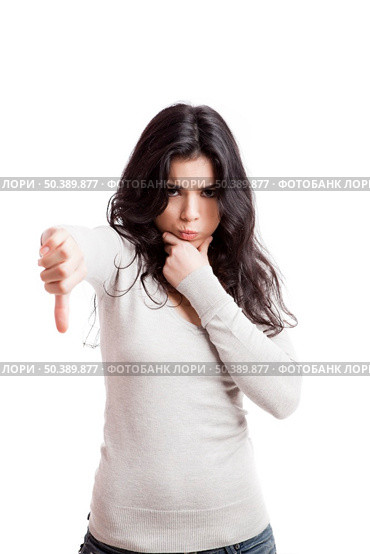 Girl with thumbs down, isolated against a white background. Стоковое фото, агентство Ingram Publishing / Фотобанк Лори