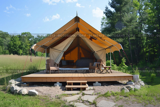 Glamping tent with wooden deck in the forest, enjoying nature in comfort. Стоковое AI-изображение, AI-художник Иван Рябоконь / Фотобанк Лори